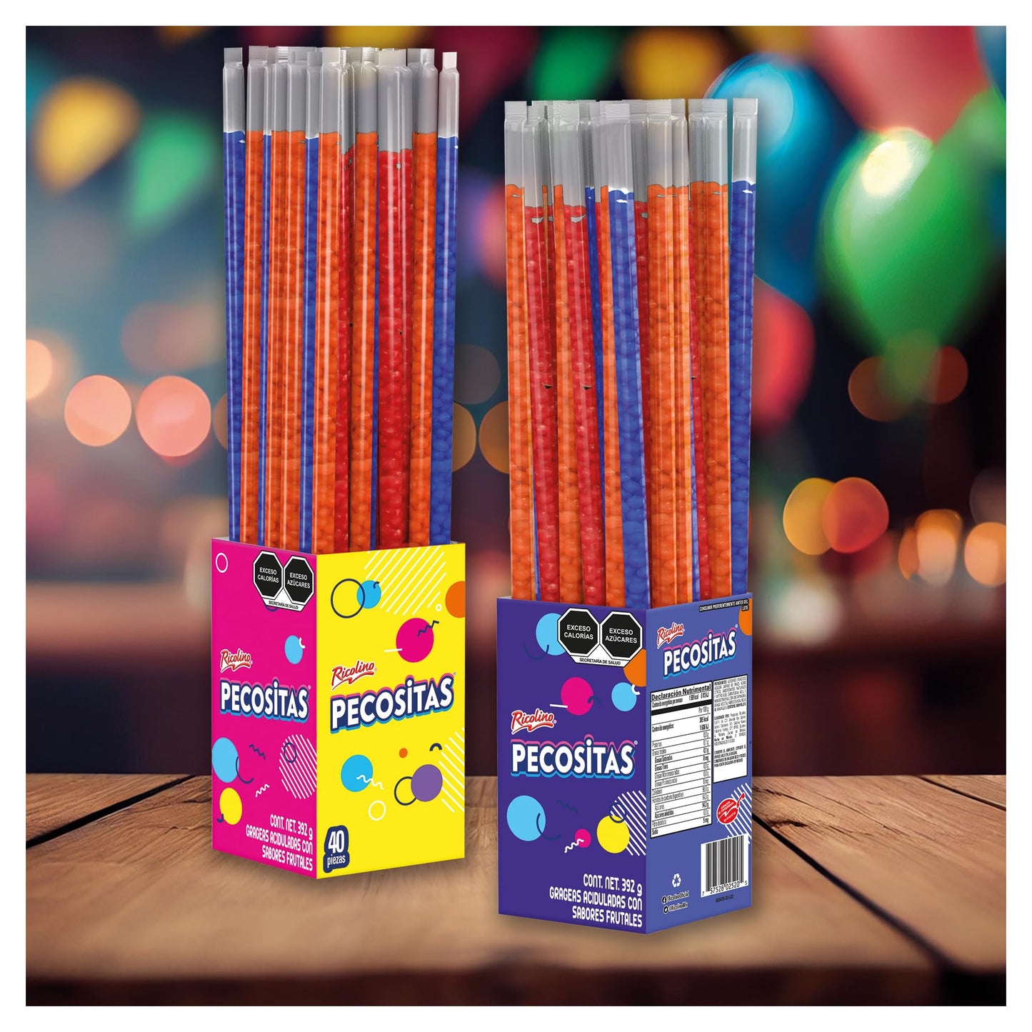 Pecositas, Grageas aciduladas con sabores frutales, Cajilla con 40p de 9.8g c/u