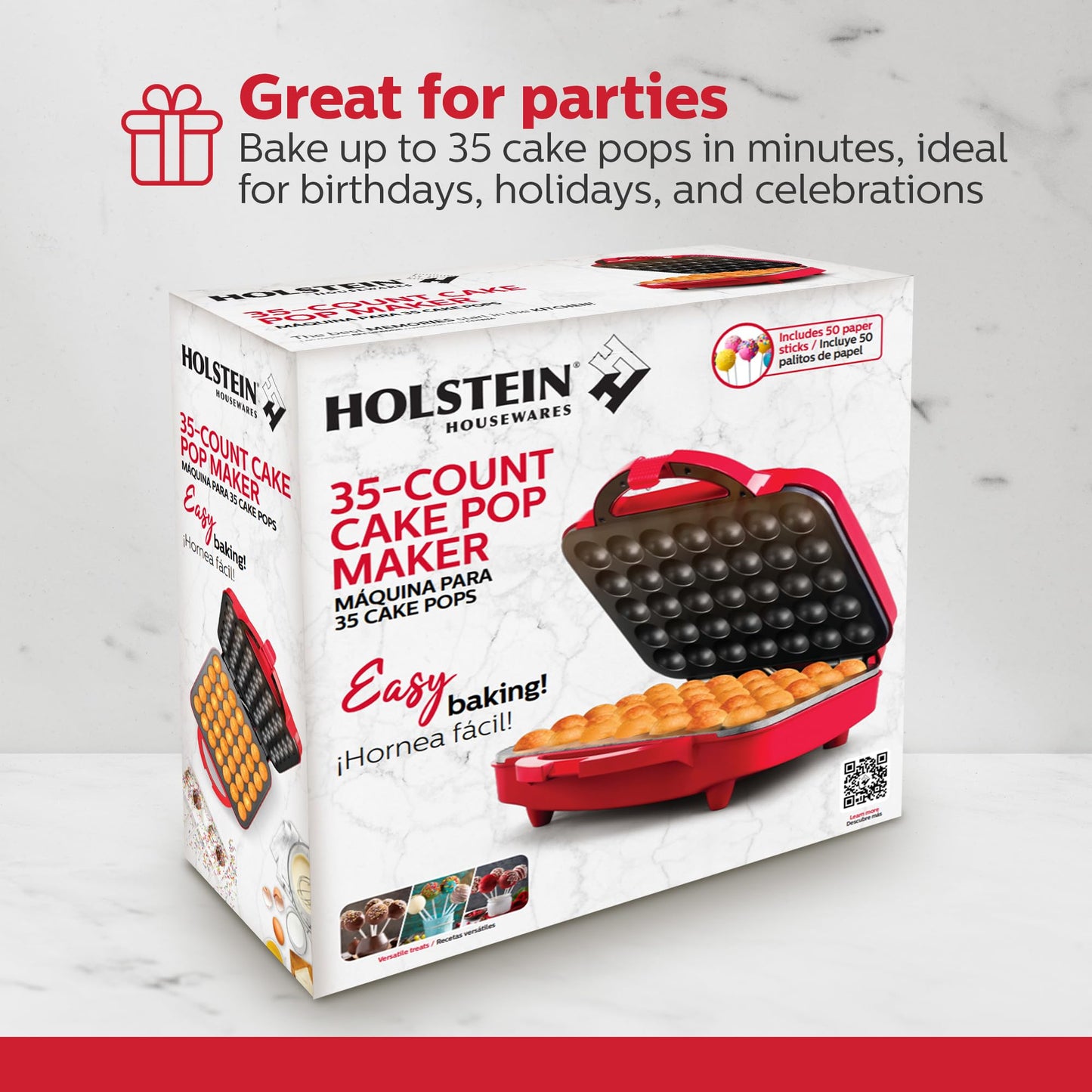 Holstein Housewares Cake Pop Maker, color rojo, hace 35 tartas, revestimiento antiadherente, perfecto para cumpleaños y fiestas de día festivo