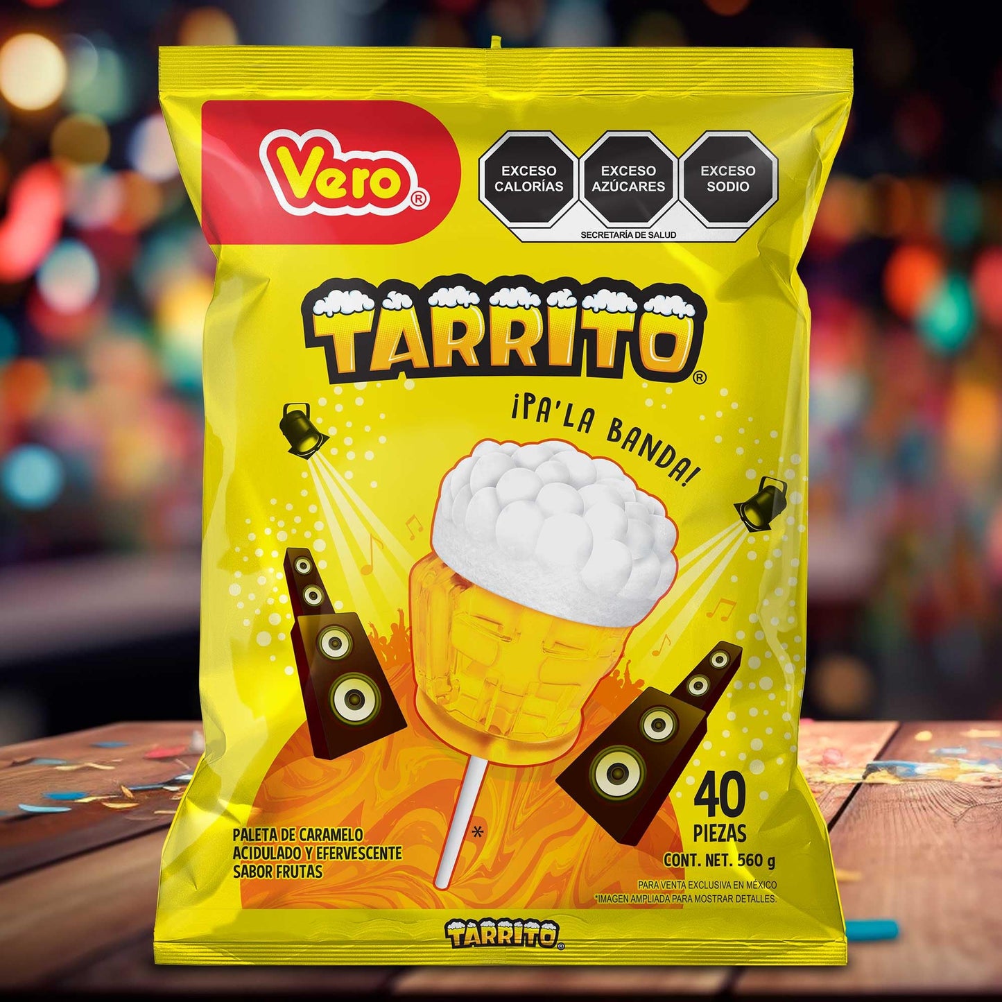 Paleta Tarrito de caramelo Acidulado y Efervescente sabor frutas, Bolsa 40pz de 14g c/u