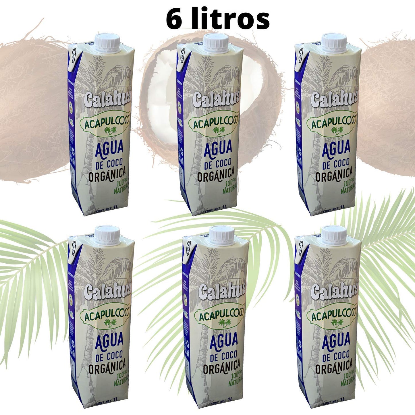 Acapulcoco Agua de Coco Orgánica Acapulcoco 6 piezas de1 litro, bebida hidratante Natural, producto Mexicano. Certificación Kosher