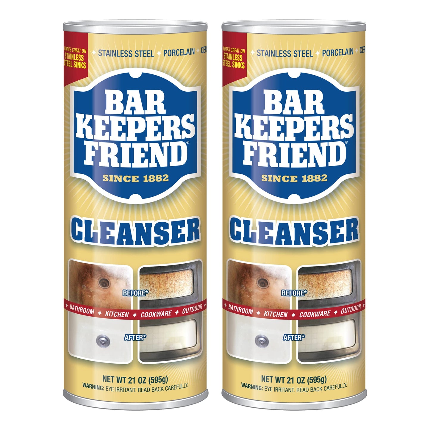 Bar Keepers Friend Limpiador en polvo de 21 onzas, limpiador multiusos y removedor de manchas, baño, cocina y uso al aire libre, para acero inoxidable, aluminio, latón, cerámica, porcelana, bronce y más (paquete de 2)