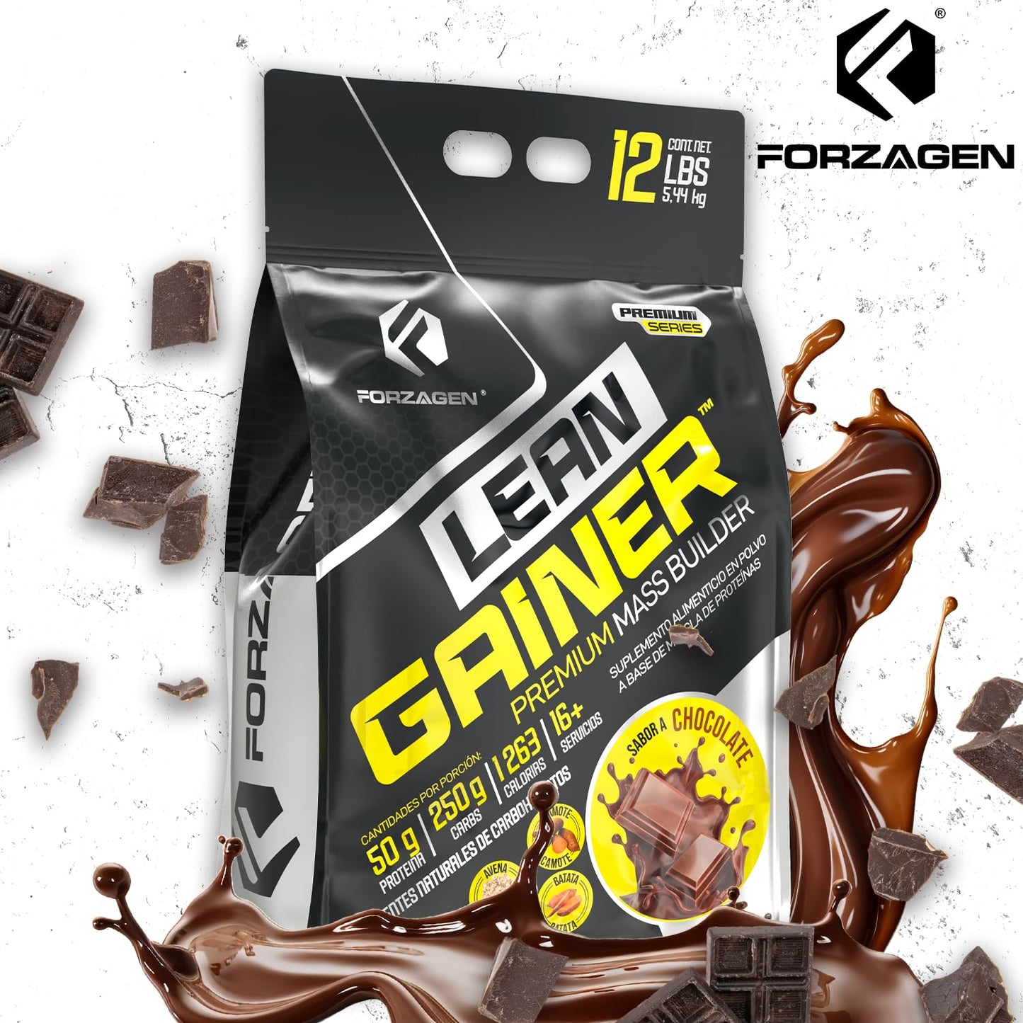 Forzagen | Ganador Lean Gainer | 50 g de Proteína | 250 g Carbs | 5.5 Servicios | Sabor Chocolate | Post Entenamiento | Carbs Naturales | 4lb (1.81 kg)