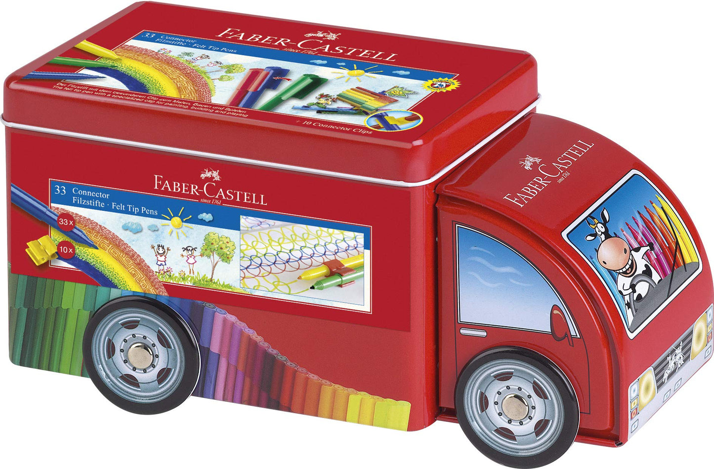 Faber-Castell Truck Connector Pen, Caja de Metal con 33 Plumones Diferentes, un set ideal para regalar a niños o cualquier artista, con una experiencia de coloreado excepcional