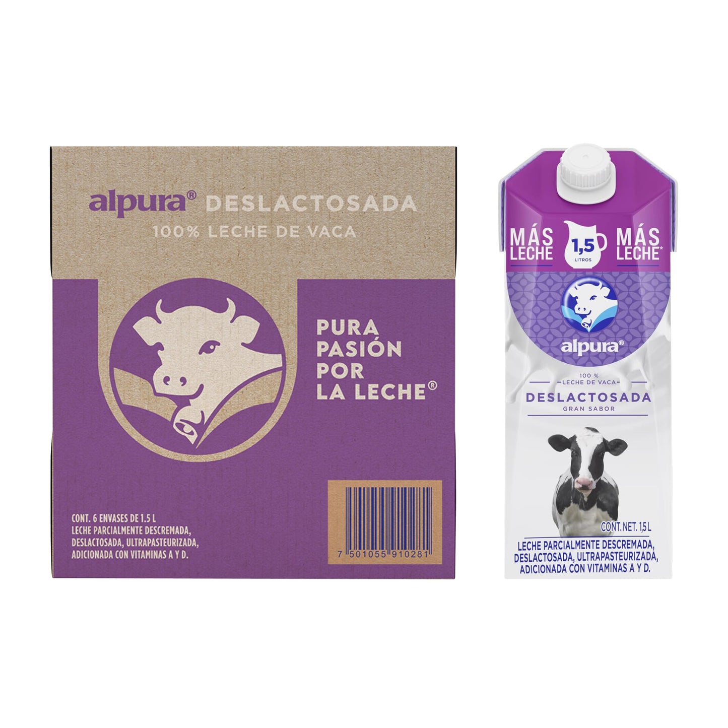 Alpura Leche Deslactosada 100% de vaca Ultrapasteurizada en Paquete de 6 piezas de 1.5 Litros cada una, Ligera, de fácil digestión y con un delicioso sabor