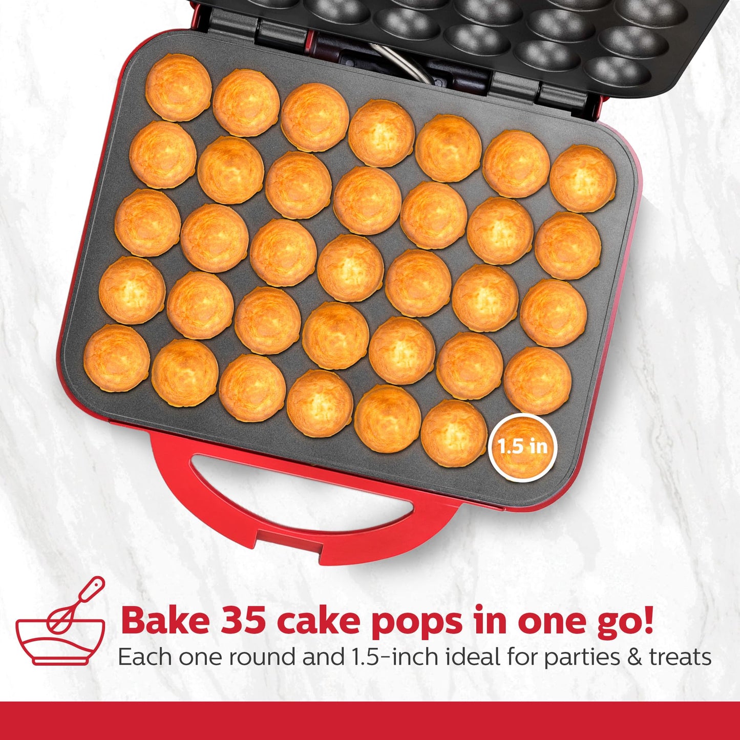 Holstein Housewares Cake Pop Maker, color rojo, hace 35 tartas, revestimiento antiadherente, perfecto para cumpleaños y fiestas de día festivo