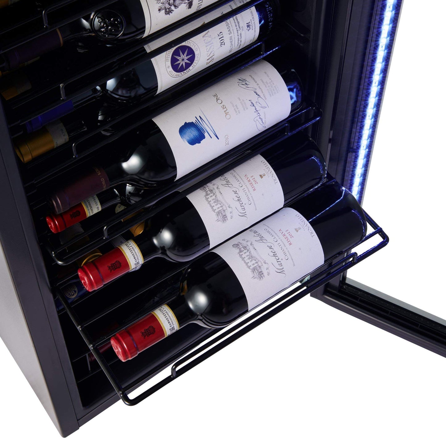 Wine Enthusiast VinoView - Nevera de vino de 28 botellas, refrigerador no empotrado con estantes de matriz, termostato ajustable de 10 a 60 °F, puerta de vidrio de doble panel y visualización LED