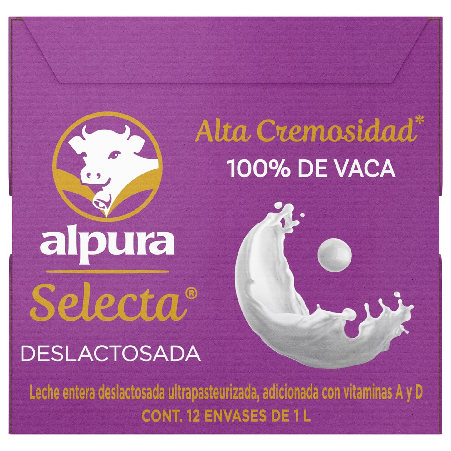 Alpura Selecta Leche Entera Deslactosada 100% de Vaca, Ultrapasteurizada paquete de 12 Pzas de 1 Litro cada una con vitaminas, de fácil digestión
