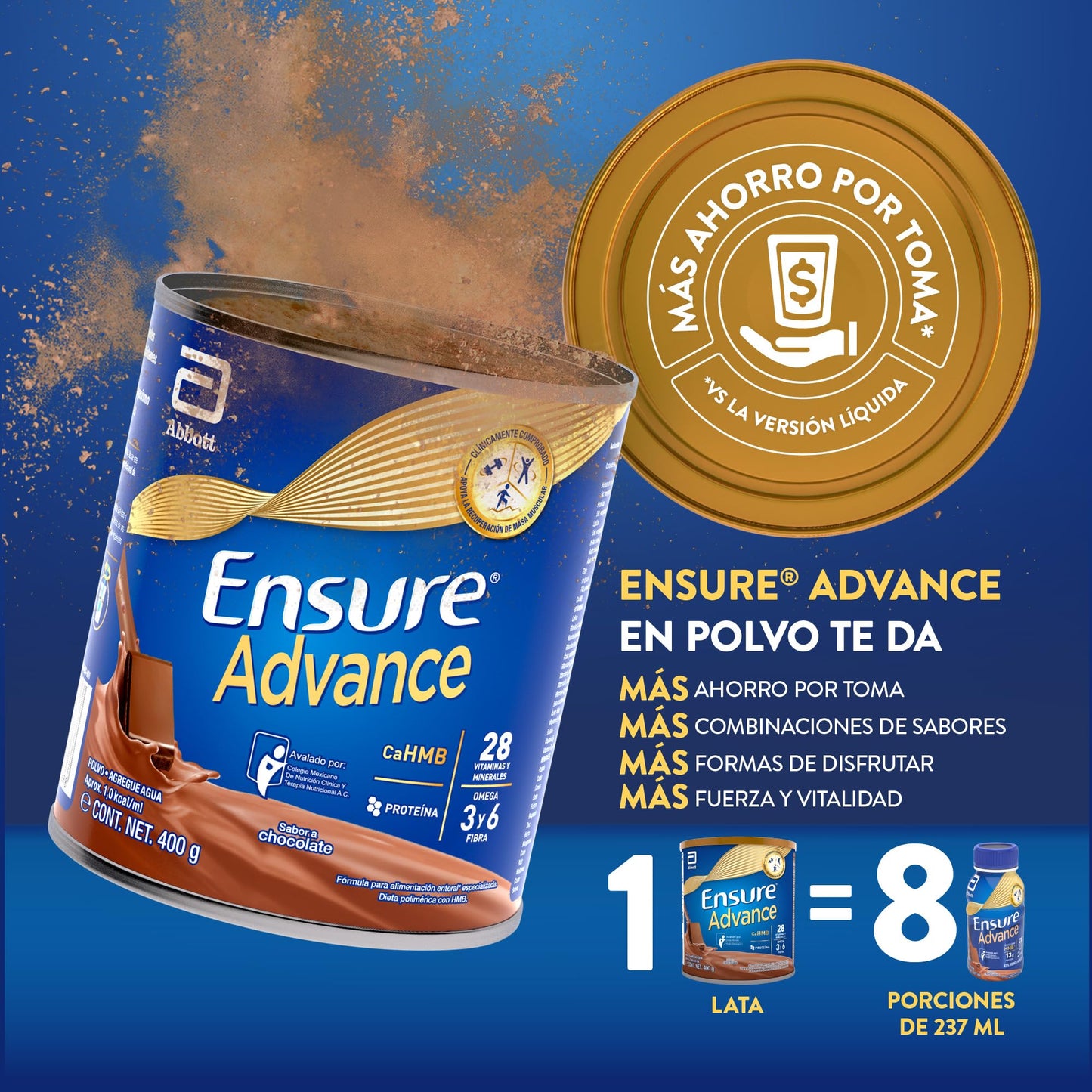Ensure Advance - en Polvo 400g, Sabor Chocolate, Fuente de Proteínas y Nutrición Completa para Adultos, Clínicamente Probado
