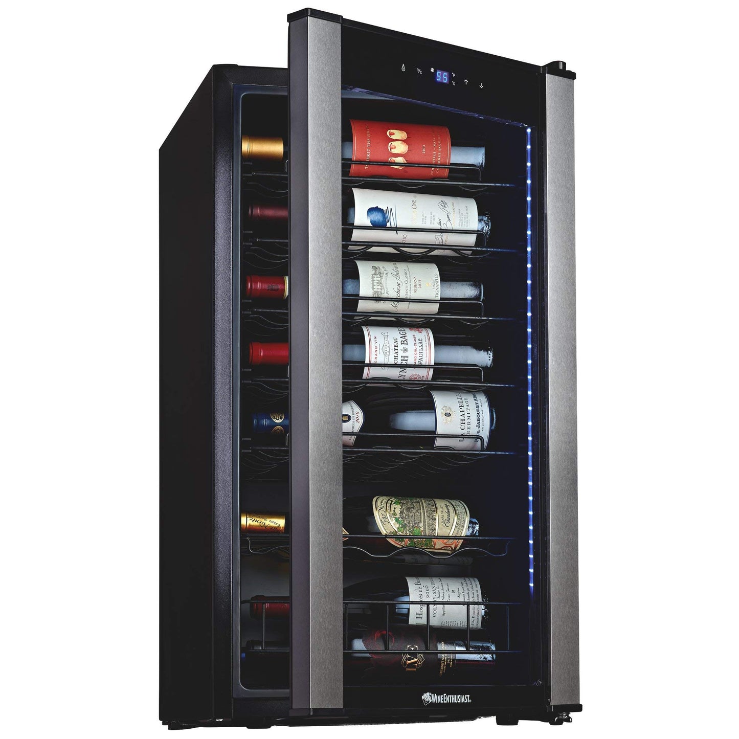 Wine Enthusiast VinoView - Nevera de vino de 28 botellas, refrigerador no empotrado con estantes de matriz, termostato ajustable de 10 a 60 °F, puerta de vidrio de doble panel y visualización LED