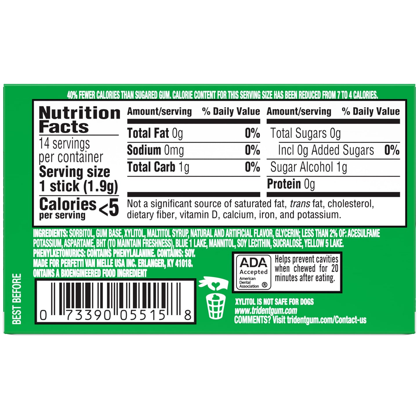 Trident Spearmint goma sin azúcar, 12 paquetes de 14 piezas (168 piezas en total)