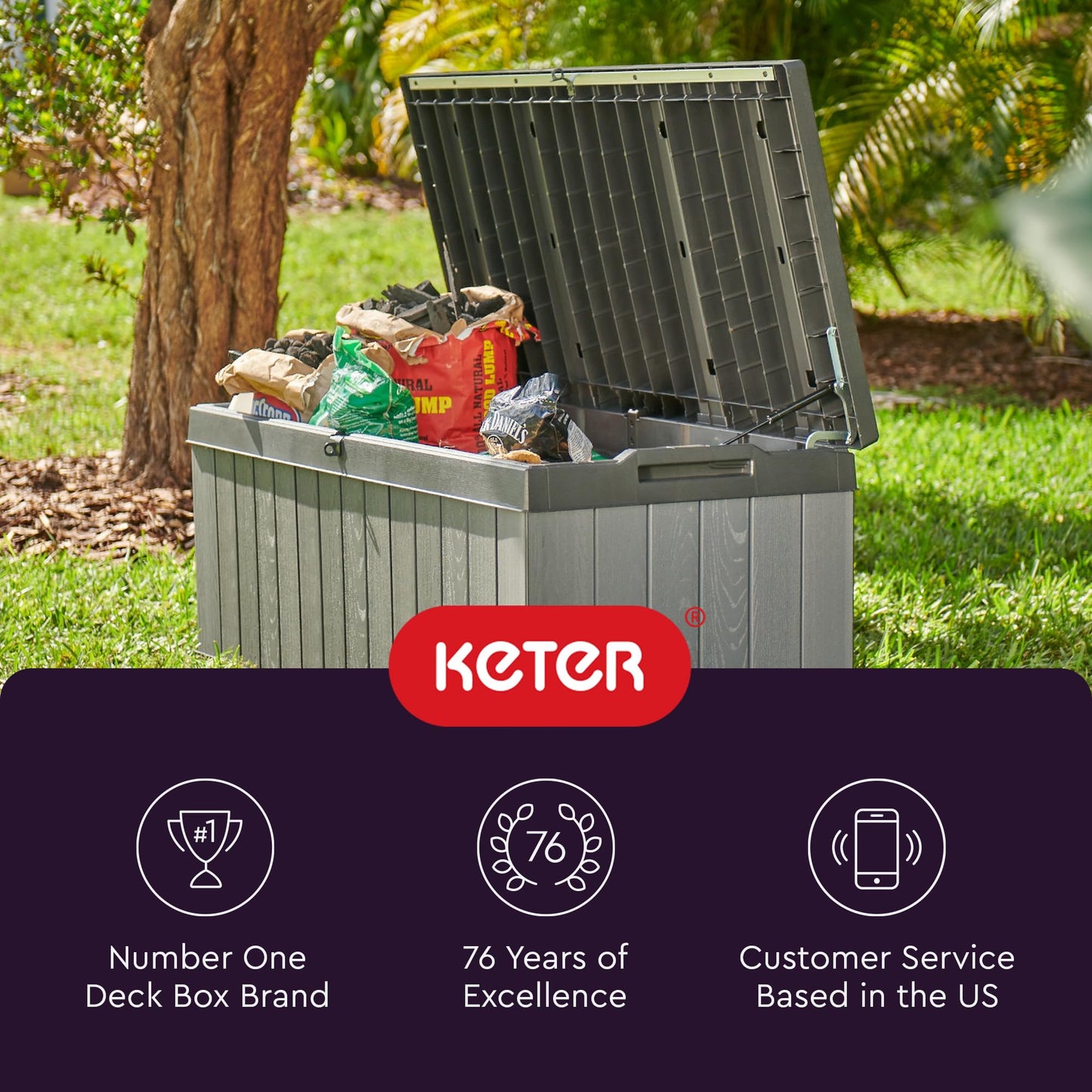 Keter - Caja grande de resina Keter Darwin de 100 galones, Almacenamiento para Jardin y Exteriores, Gris y Negro