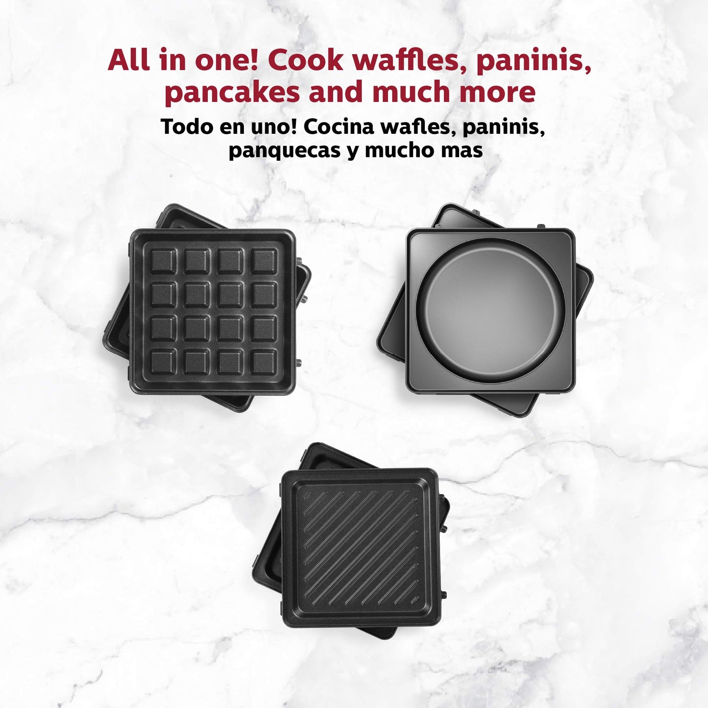 Holstein Housewares - Multifabricante antiadherente intercambiable con waffle, plancha y platos de parrilla, uso para paninis, panqueques, gofres y mucho más, rojo/acero inoxidable