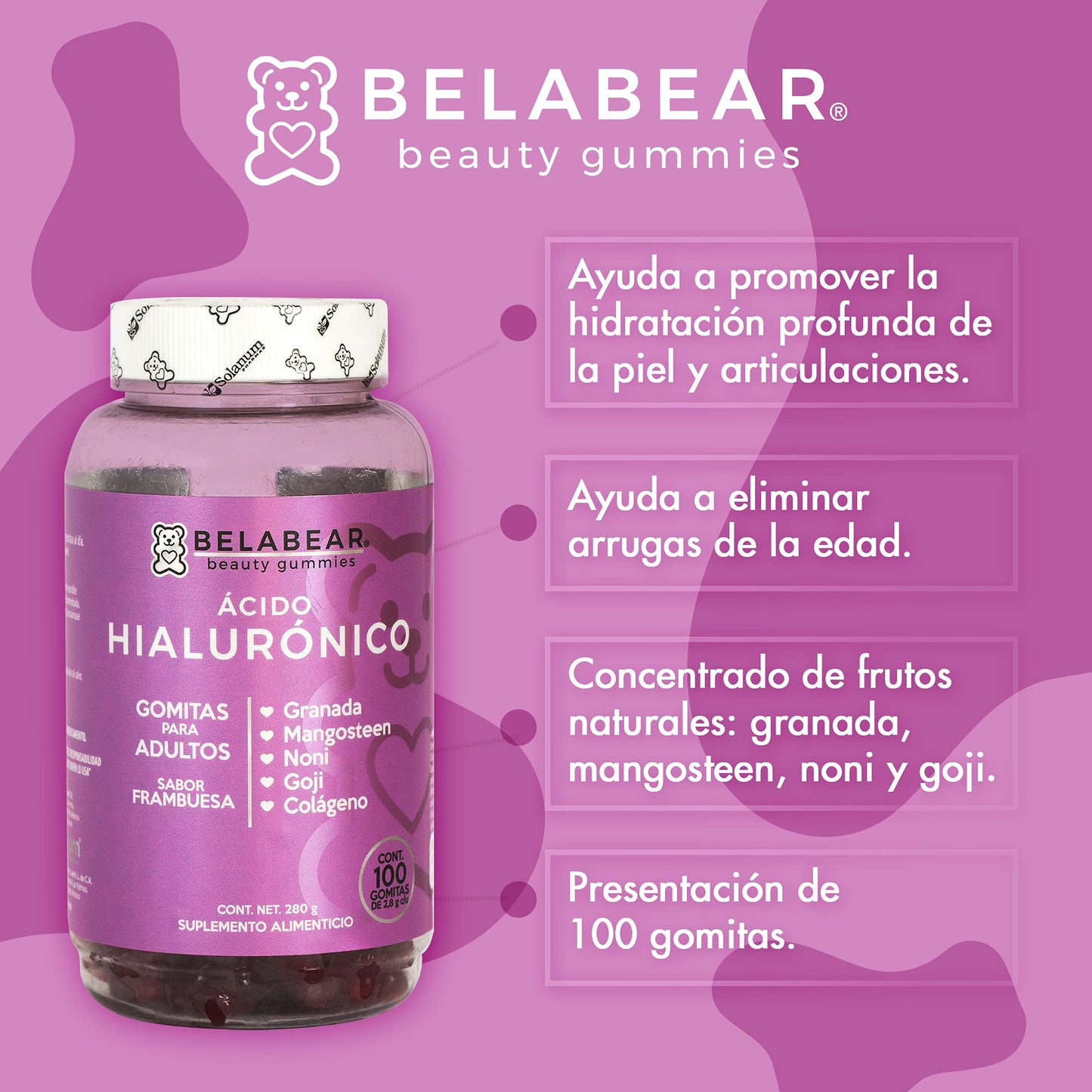 BELABEAR - Belabear Ácido Hialurónico - Sabor Frambuesa - Granada, Mangosteen, Noni, Goji, Colágeno - 100 Gomitas