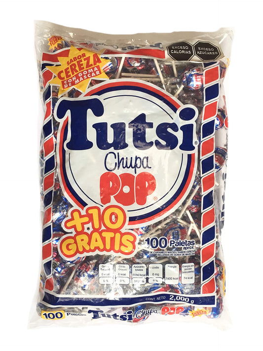 Tutsi - Tutsi Pop Paleta de Caramelo Macizo Sabor Cereza rellena de Goma de Mascar. Bolsa con 100 Paletas
