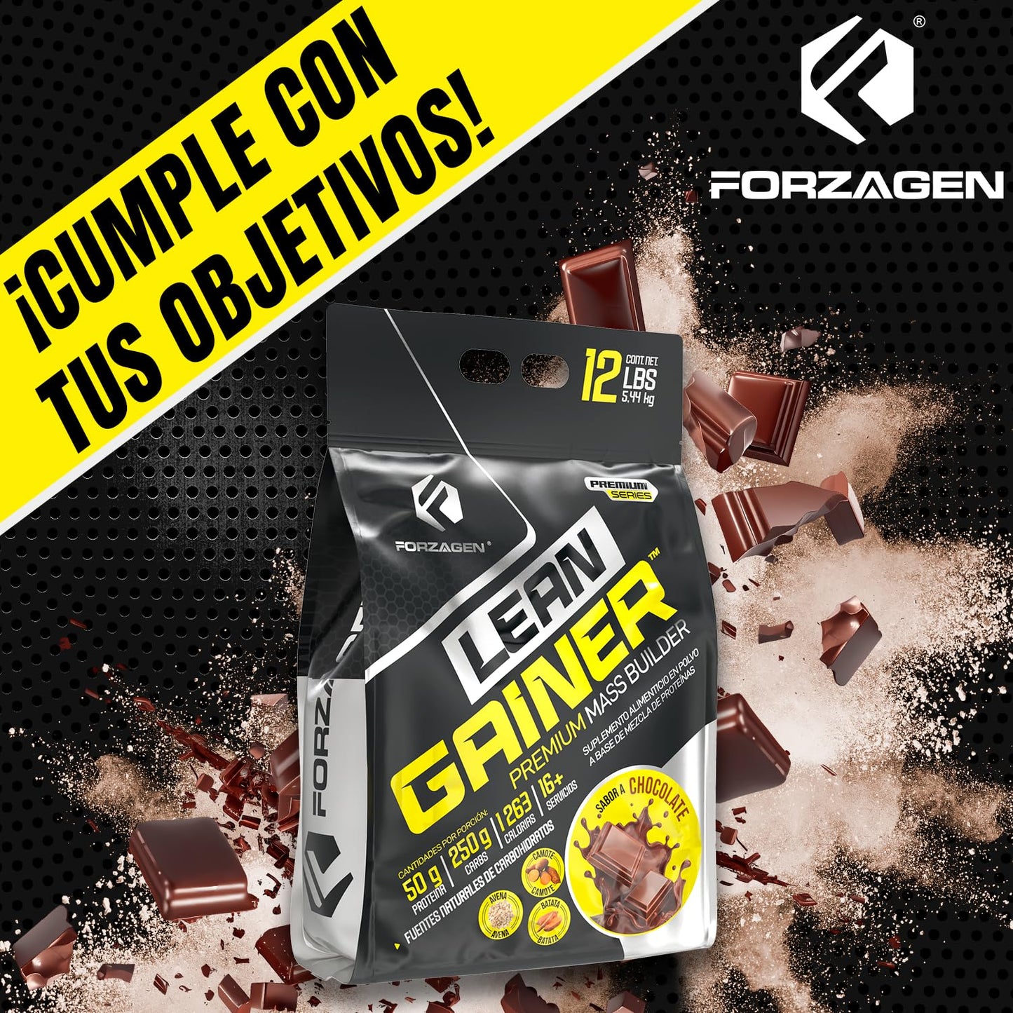 Forzagen | Ganador Lean Gainer | 50 g de Proteína | 250 g Carbs | 5.5 Servicios | Sabor Chocolate | Post Entenamiento | Carbs Naturales | 4lb (1.81 kg)