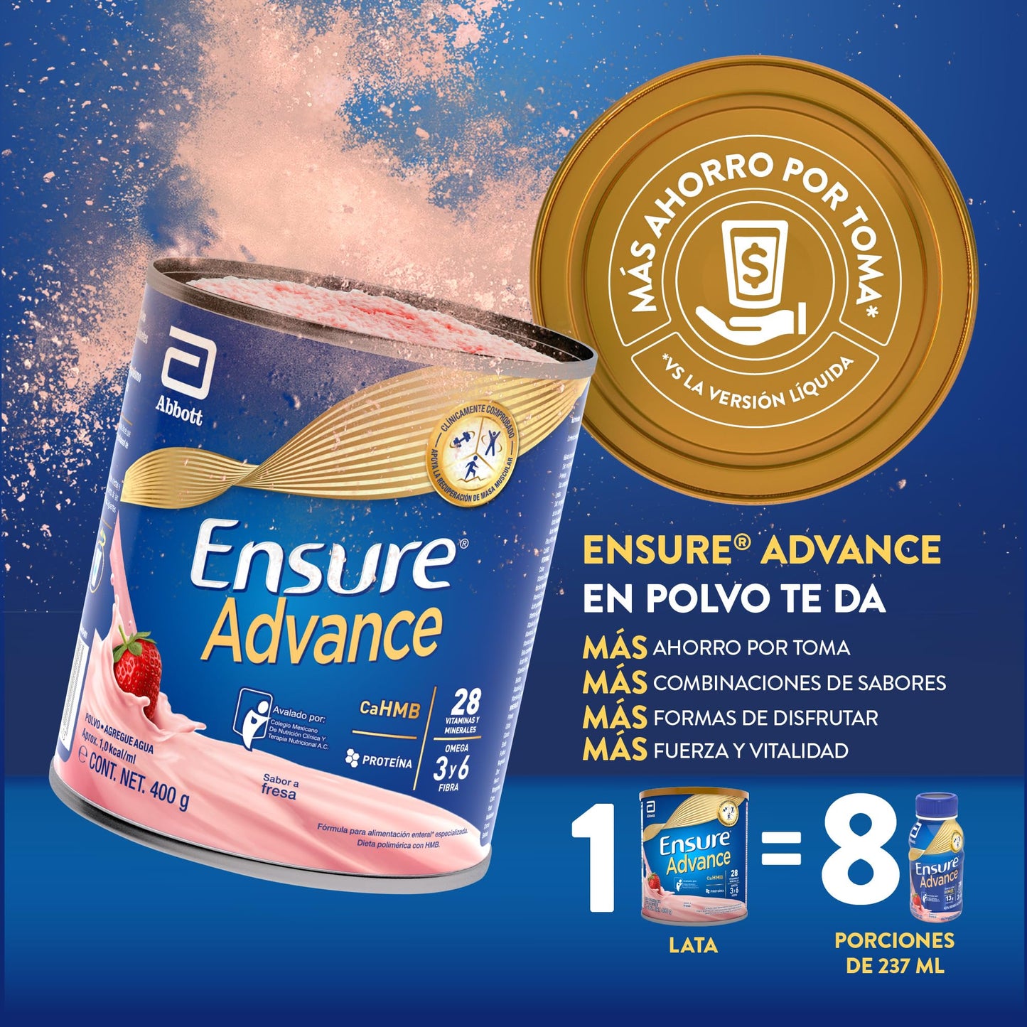 Ensure Advance - en Polvo 400g, Sabor Fresa, Fuente de Proteínas y Nutrición Completa para Adultos, Clínicamente Probado