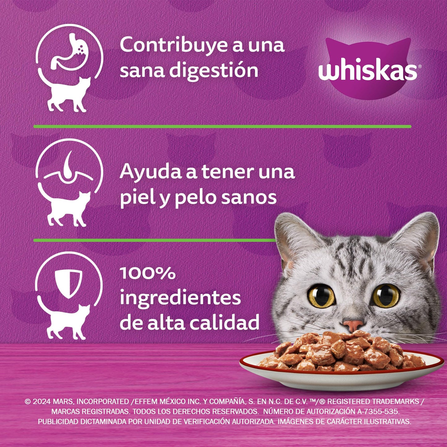 Whiskas Sobres Multisabor para Gatos Adultos Sabor Res, Pescado y Aves 24 Piezas de 85gr