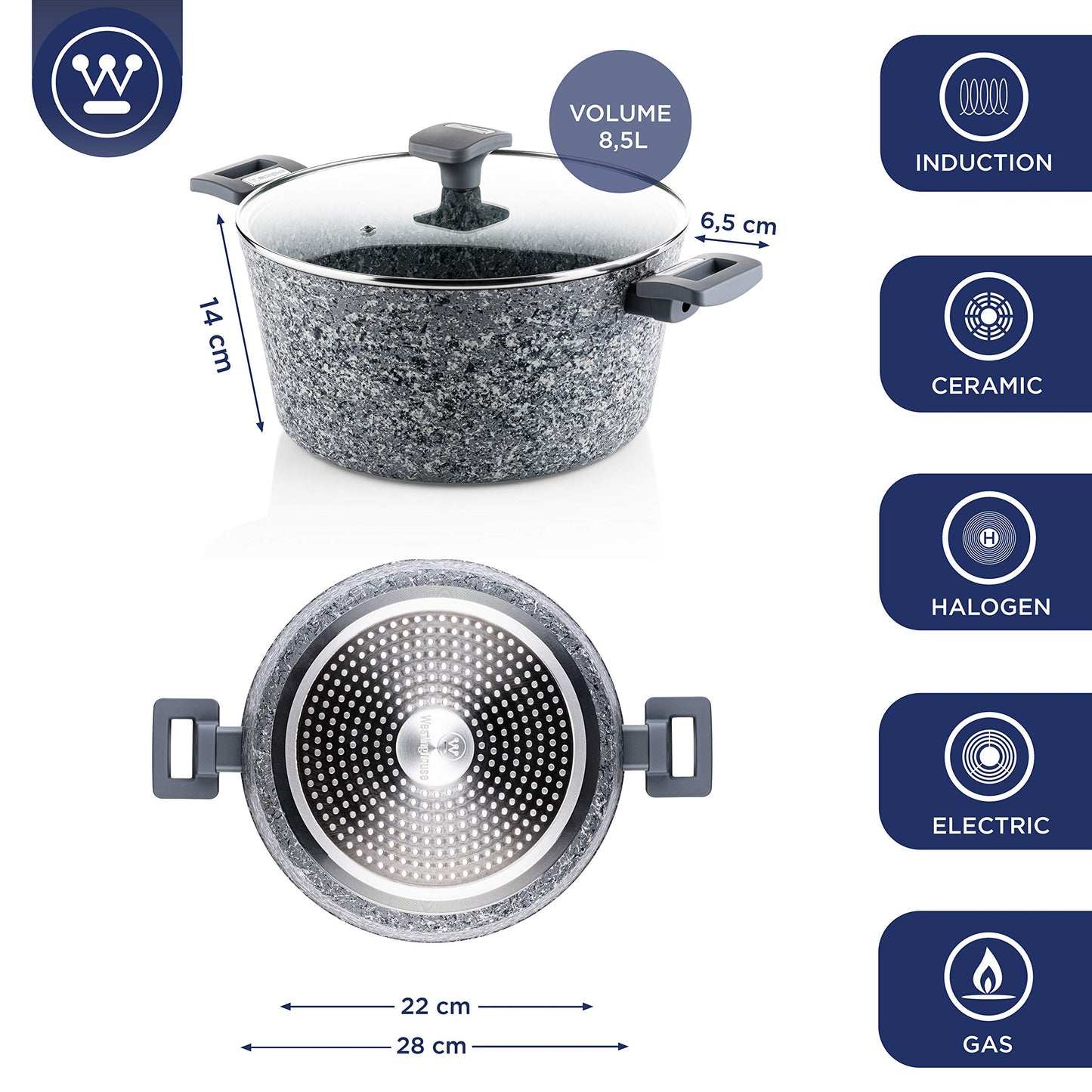 Westinghouse Cacerola Antiadherente de Mármol Gris Granito 28 cm (WCCC0070028GGY)