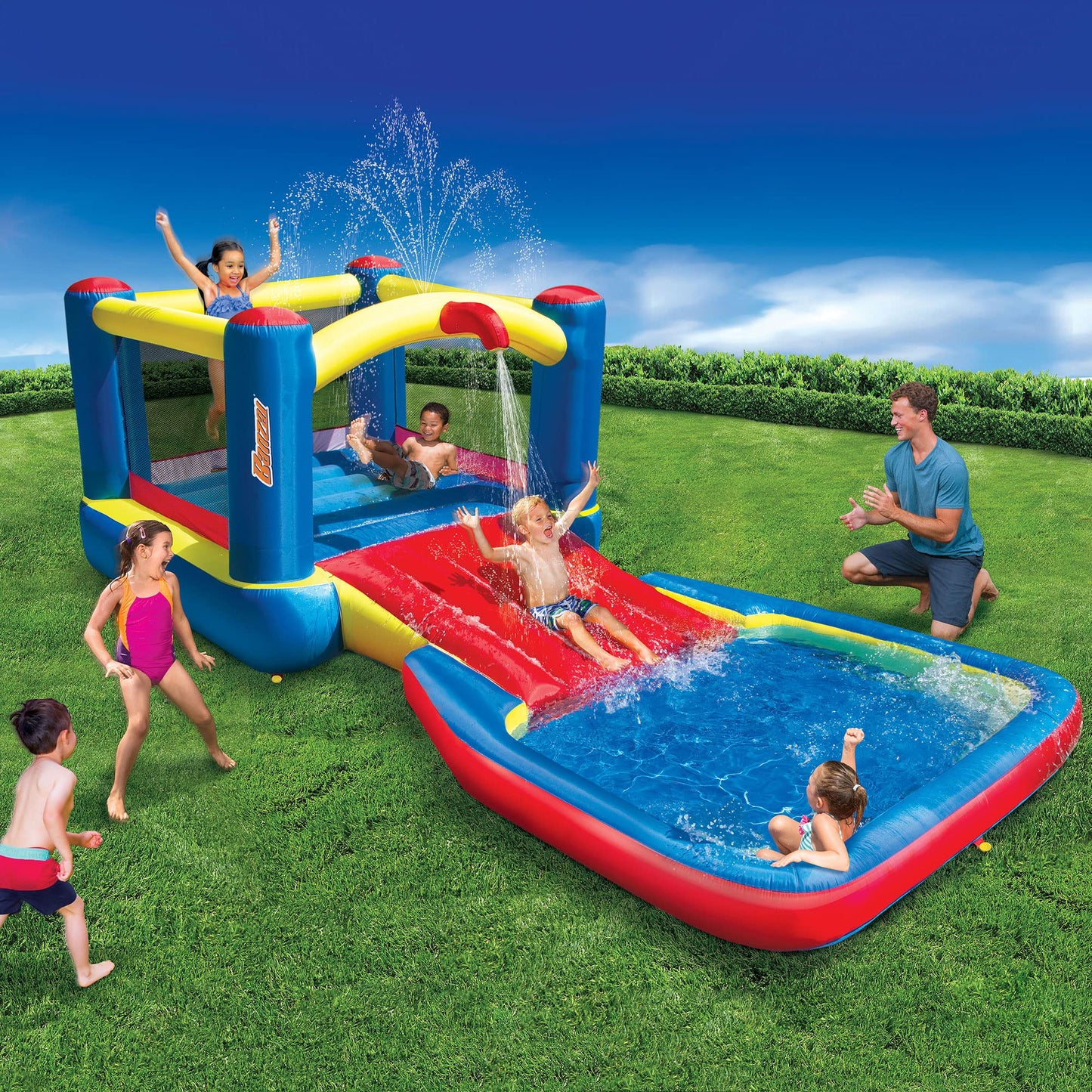Banzai 35533 Bounce N Splash Water Park Centro de juego de actividades acuáticas con tobogán, estacas de puesta a tierra, bomba incluida y bolsa de almacenamiento portátil de viaje