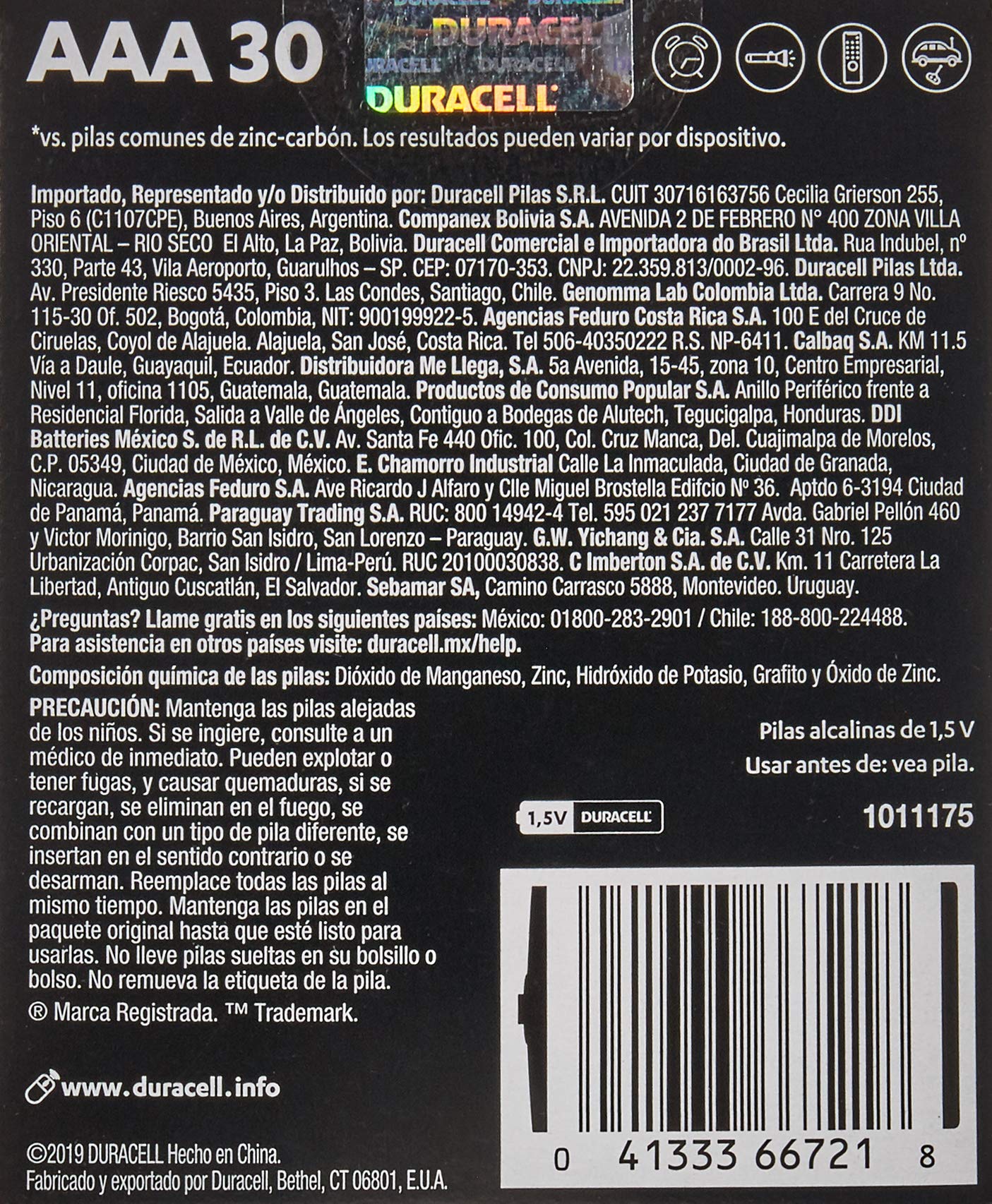 DURACELL - Pilas AAA Alcalinas, Baterías AAA de Larga Duración 1.5V, Caja Con 6 Paquetes de 5 Pilas, Total 30 Pilas