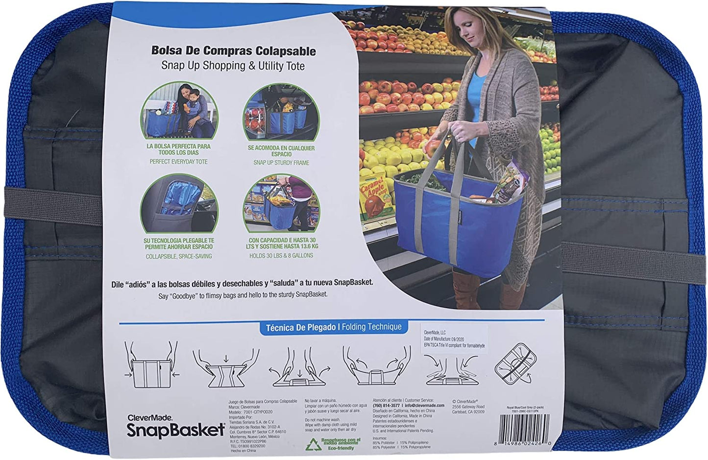 CleverMade - Bolsa de Compras Plegable de (30 L - 13.6 kg), color Azul y Gris, Set 2 pza, especial para tod