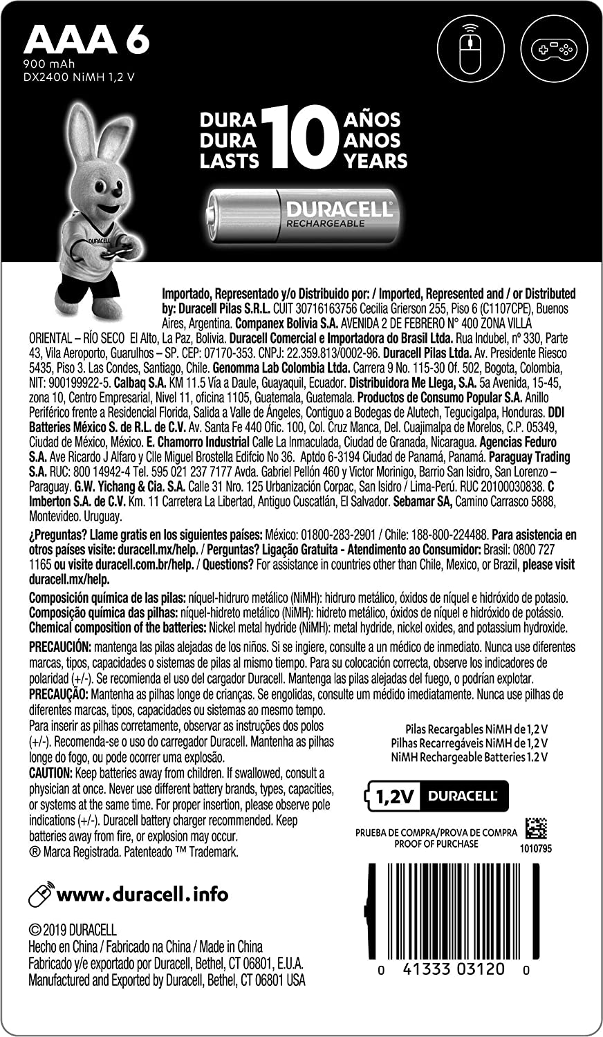 Duracell AAA Pre-cargadas con 900 Mah, hasta 100 Recargas, Contiene 1 Paquete con 6 Unidades, Color, 6