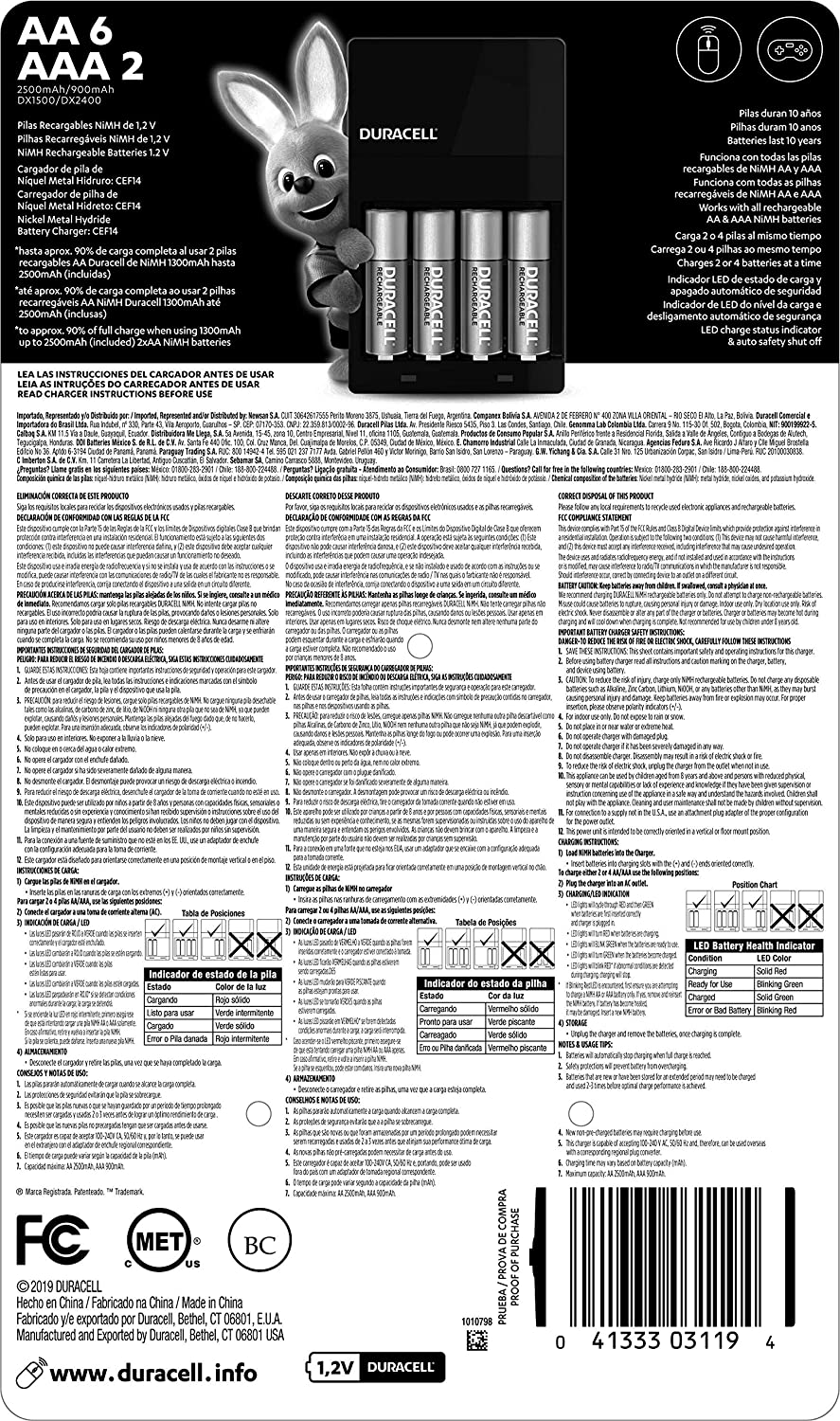 Duracell Doble A Pre-cargadas, Apto Para Cargar Aa Y Aaa, 1 Paquete Con 1 Cargador Y 6 Pilas 3A Y 2 A