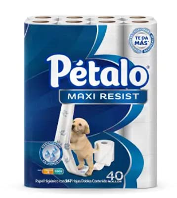 Pétalo - 40 ROLLOS Pétalo Maxi Resist Papel Higiénico, Extracto de Coco y Vitamina E, 247 Hojas Dobles, Paquete de 40 ROLLOS