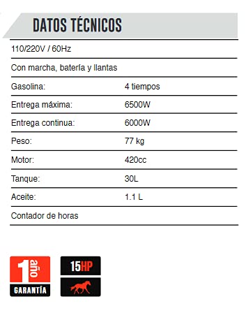 Nitro - GENERADOR 6500Wtts 110-220V 13HP CON MARCHA BATERIA Y LLANTAS GASOLINA 4T NITRO NIT-G6500E