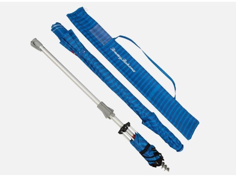 Sepras Tommy Bahama - Sombrilla de playa de 8 pies con ventilación de viento y anclaje de arena, color azul intenso