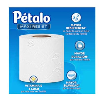 Pétalo - 40 ROLLOS Pétalo Maxi Resist Papel Higiénico, Extracto de Coco y Vitamina E, 247 Hojas Dobles, Paquete de 40 ROLLOS