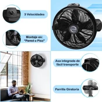 Ventilador Lasko Piso y Pared Negro Cyclone 50.80 cm, Fijo y Portátil