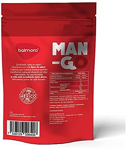 Balmoro Mango Enchilado, 640 g, botana, dulce y salado, Perfecto para fiestas,eventos y snack. Mango Deshidratado con chile. Azucar, mezclas dee chile y sal.
