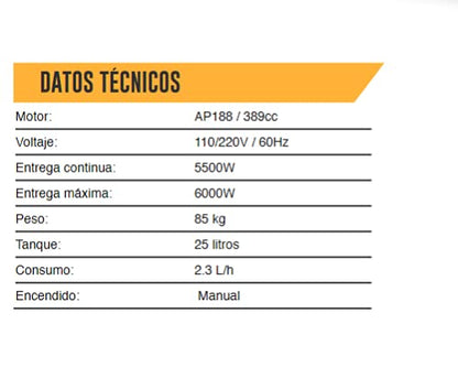 Tonka - GENERADOR 5500Wtts 16 HP 110-220V/60Hz ENCENDIDO MANUAL TONKA TKA-GS6500