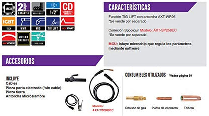 AXT - AXT-SUPERMIG255LCD SOLDADORA INVERSOR PARA MICROALAMBRE, ELECTRODO Y TIG LIFT, CON PANTALLA LCD, 220V / 1F 250A