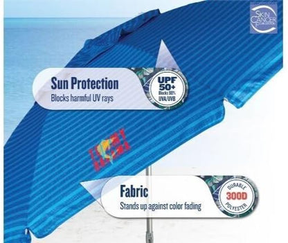 Sepras Tommy Bahama - Sombrilla de playa de 8 pies con ventilación de viento y anclaje de arena, color azul intenso