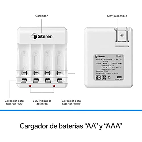 Steren CRG-015 Cargador de pilas AA y AAA, incluye 4 pilas AA, 1300 mAh, indicador de carga LED, compatible con baterías NiCd y NiMH, clavija abatible