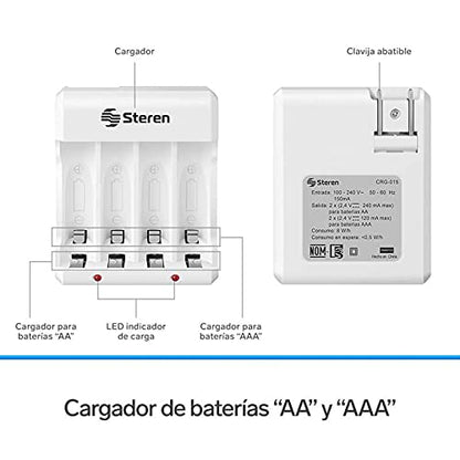 Steren CRG-015 Cargador de pilas AA y AAA, incluye 4 pilas AA, 1300 mAh, indicador de carga LED, compatible con baterías NiCd y NiMH, clavija abatible