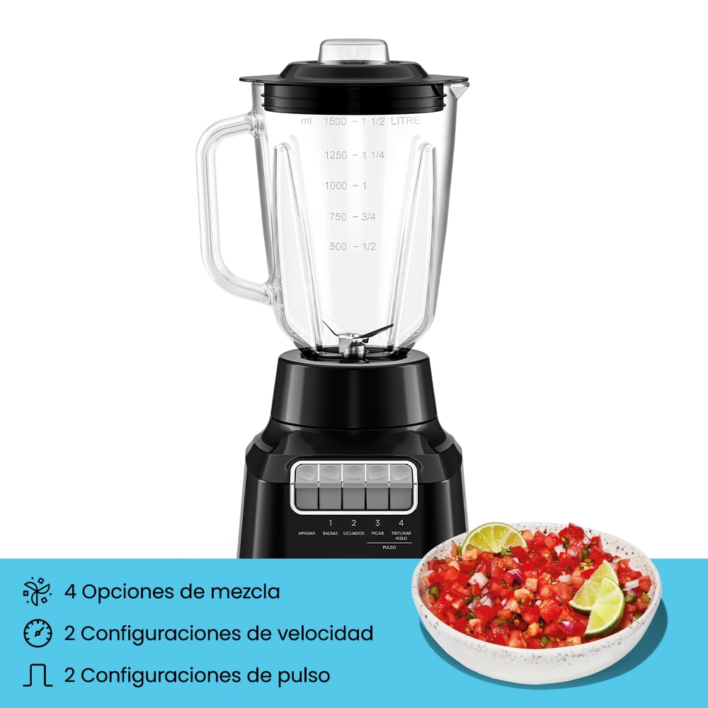 Chefman Licuadora Vaso de vidrio de 1.5 litros, 4 Velocidades, 400W, Cuchillas de Acero Inoxidable y Tapa de Cierre Seguro. Color Negro.