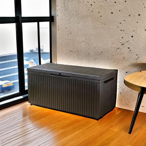 Keter Springwood - Caja de almacenamiento de resina para exteriores de 80 galones para cojines de muebles de patio, juguetes de piscina y herramientas de jardín con asas, color café