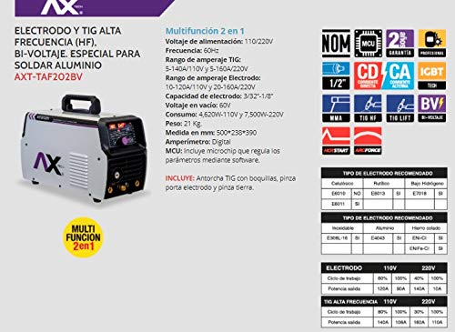 AXT-TAF202BV SOLDADORA TIG DE ALTA FRECUENCIA Y ELECTRODO/TIG HF 200A 110/220V
