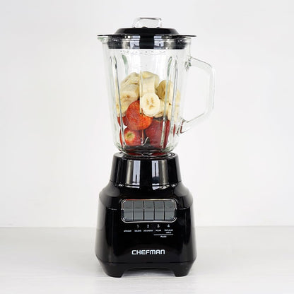 Chefman Licuadora Vaso de vidrio de 1.5 litros, 4 Velocidades, 400W, Cuchillas de Acero Inoxidable y Tapa de Cierre Seguro. Color Negro.