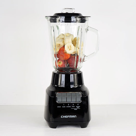 Chefman Licuadora Vaso de vidrio de 1.5 litros, 4 Velocidades, 400W, Cuchillas de Acero Inoxidable y Tapa de Cierre Seguro. Color Negro.