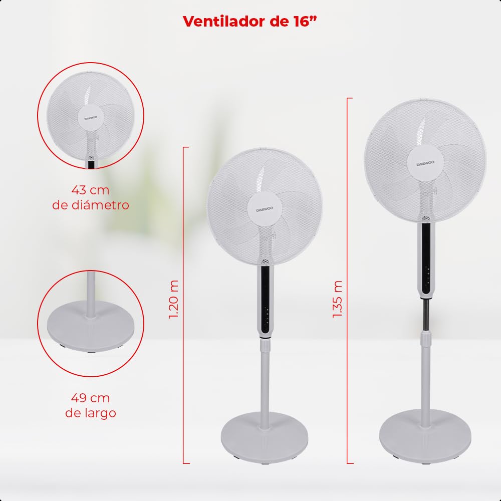DAEWOO Ventilador 16 pulgadas DI-1692AXK, Control Remoto, 3 velocidades, temporizador 7.5h, altura ajustable, base estable, potencia de 45W