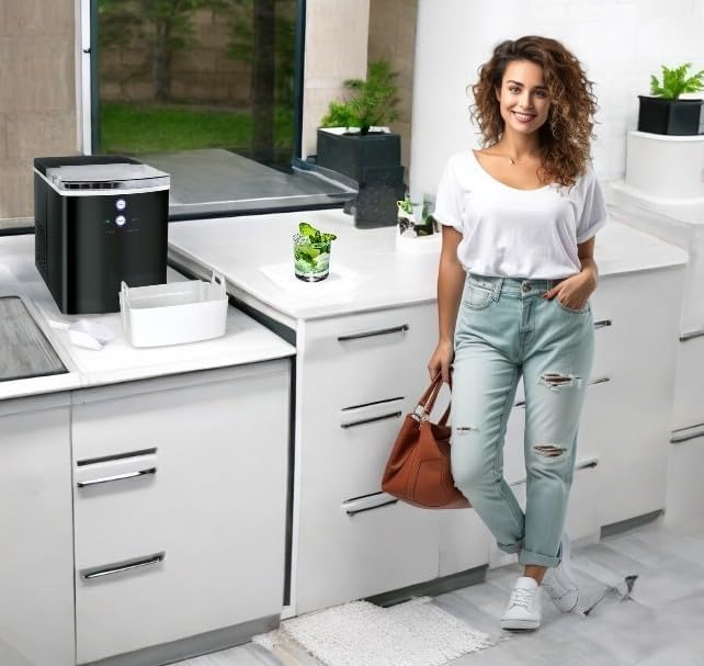 RIVARRO Máquina de Hielo, Fabrica 9 Cubos de Hielo cada 6-8 minutos, 14 Kg en 24 horas, 2 Tamaños de Hielo, con Cesta y Pala, Acero Inoxidable, Color Plata