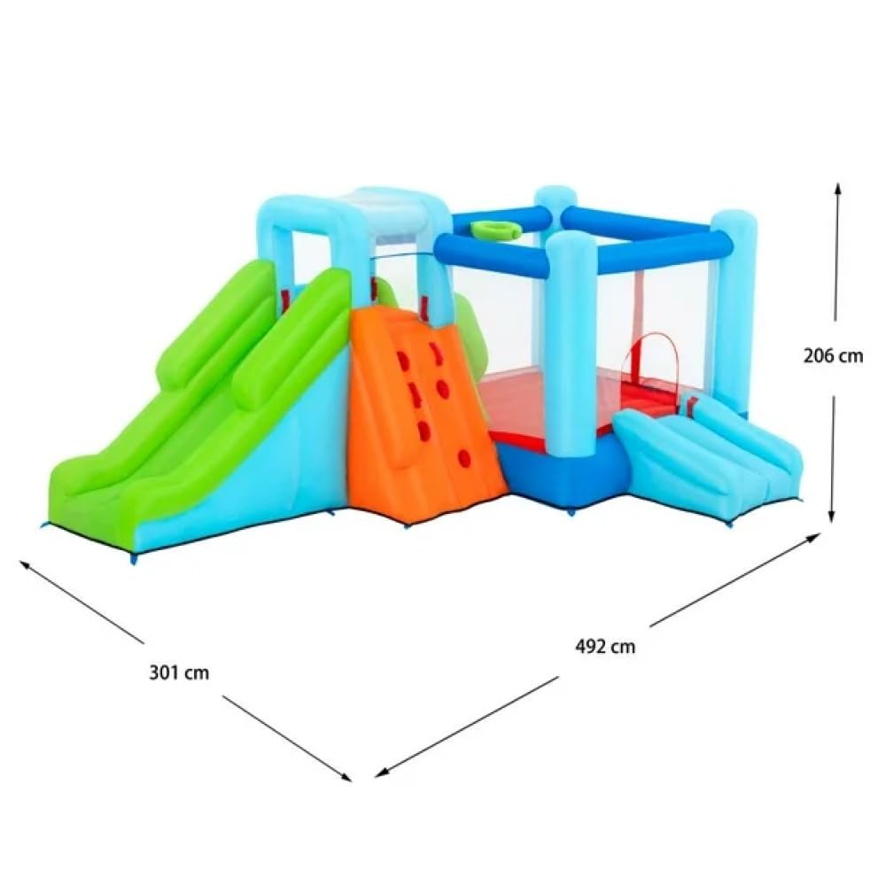 Bestway Brincolin Inflable Infantil, Castillo Parque de Diversion, Jump n' Climb Mega Bouncer, Incluye Toboganes y Bomba de Inflar, 4,92 m x 3,01 m x 2,06 m