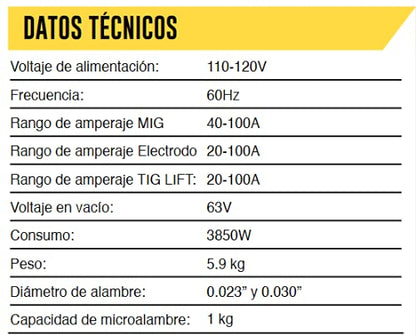 VOLT - SOLDADORA INVERSOR MIG NO GAS 100A 110V ROLLO 1 KGS VOLT VOL-MIG110