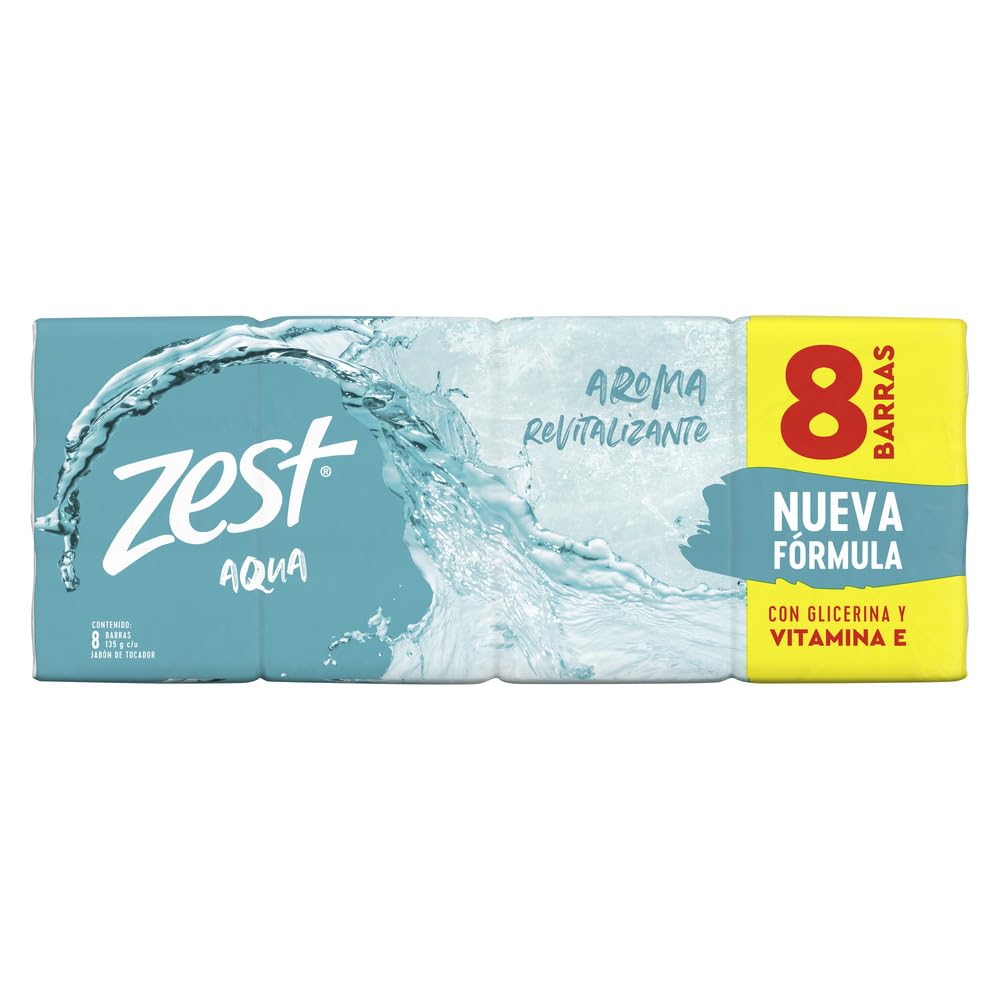 Jabón en Barra Zest Aqua, para una piel visiblemente saludable y revitalizada, con glicerina y vitamina E 8 pack de 135 gr c/u