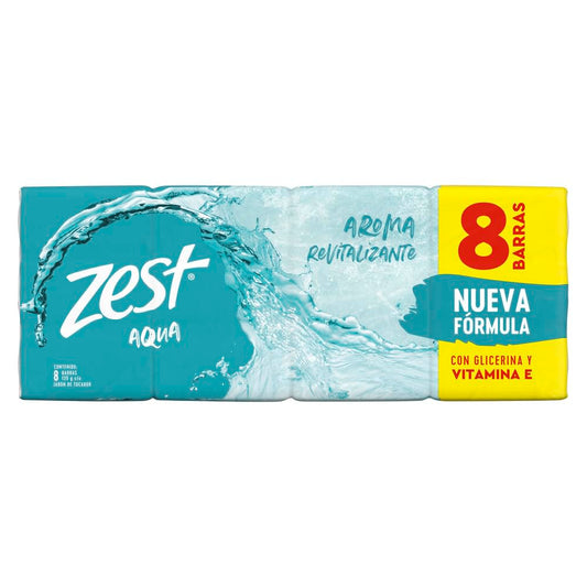 Jabón en Barra Zest Aqua, para una piel visiblemente saludable y revitalizada, con glicerina y vitamina E 8 pack de 135 gr c/u