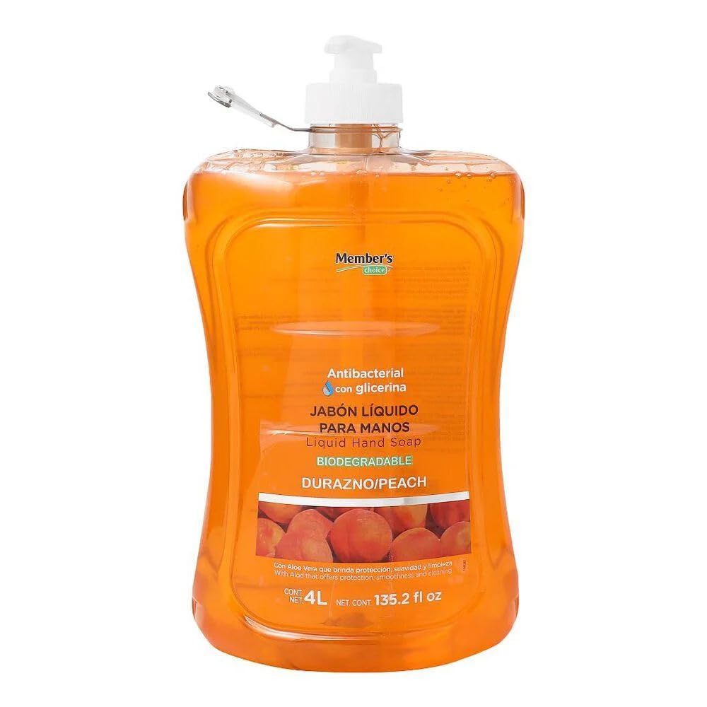Members Choice - Jabón Antibacterial Líquido Para Manos Con Glicerina Biodegradable Durazno 4 Litros